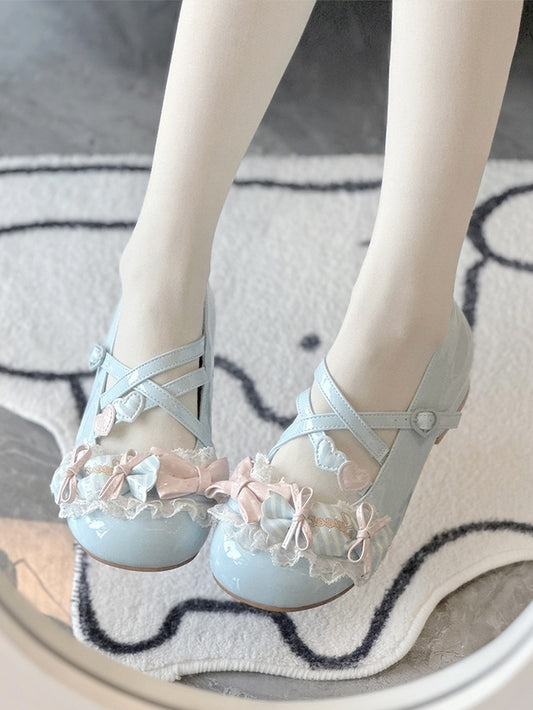 Toe Candy Round Shoes Low Mary Bows Jane Lolita Sweet Blue Heel - with
