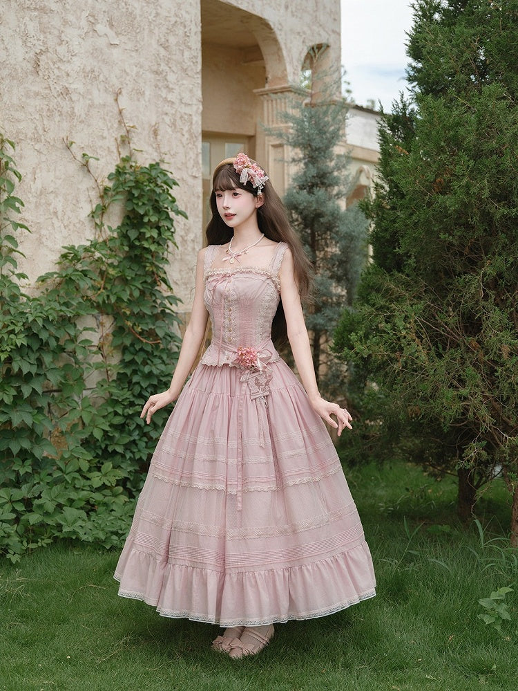 Pink Sweet Button Top with Lace Skirt Set - Penny House