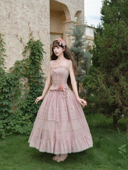 Pink Sweet Button Top with Lace Skirt Set - Penny House