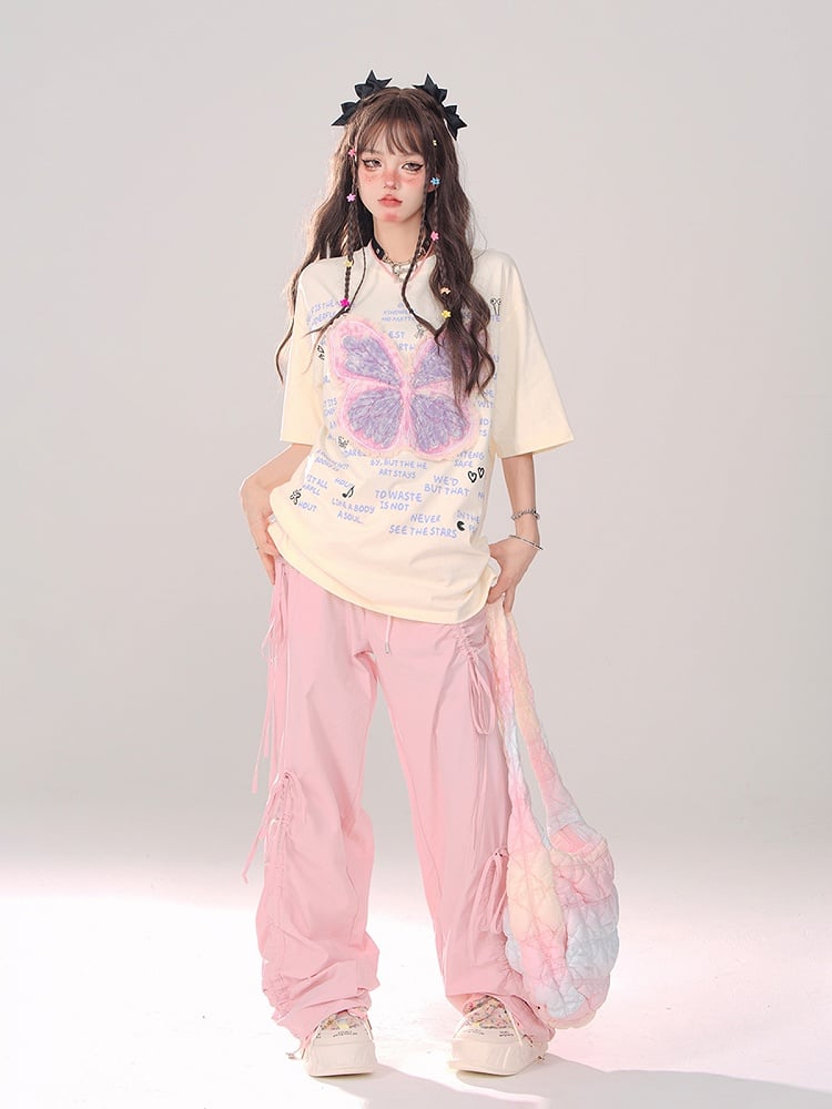 Pink Low Waist Wide-Leg Pants with Asymmetrical Drawstring Bows - Daily Kawaii Style