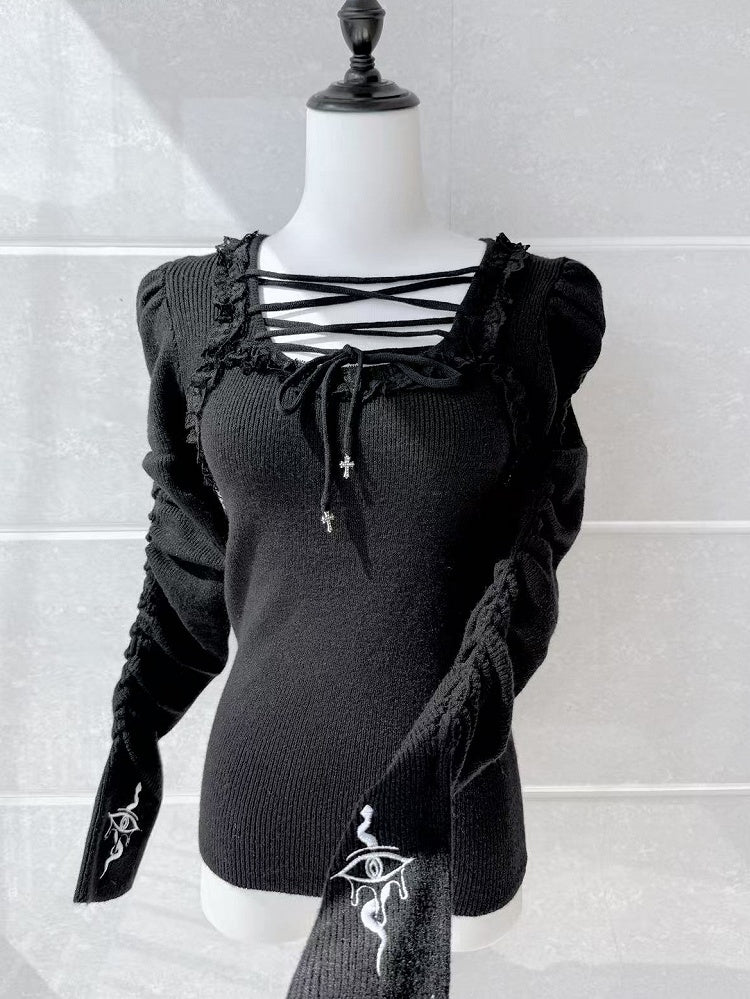 Lace-up Gothic Eye and Cross Embroidery Black Snake Knit Top with Straps Neckline