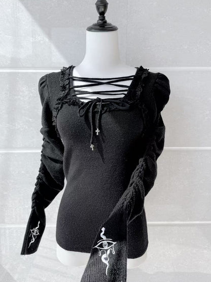 Lace-up Gothic Eye and Cross Embroidery Black Snake Knit Top with Straps Neckline