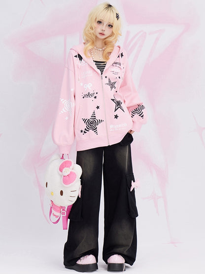 Black Bowknot Details Cargo Pockets Straight-leg Cut Jeans