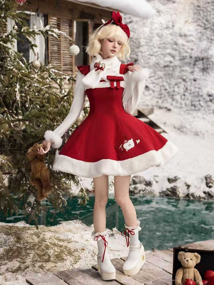 Lolita Embroidered Plush Apple-Themed Scarf + KC Red JSK Christmas Bow Brooch Short