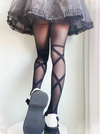 Black/White Lolita Pantyhose Semi-sheer Banded Crisscorss Print