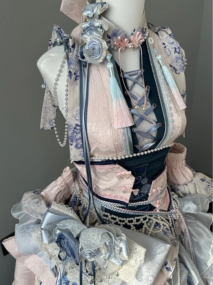 Porcelain Theme Asymmetrical Flounce Hem Lolita Dress Set with Detachable Sleeves - Your Highness