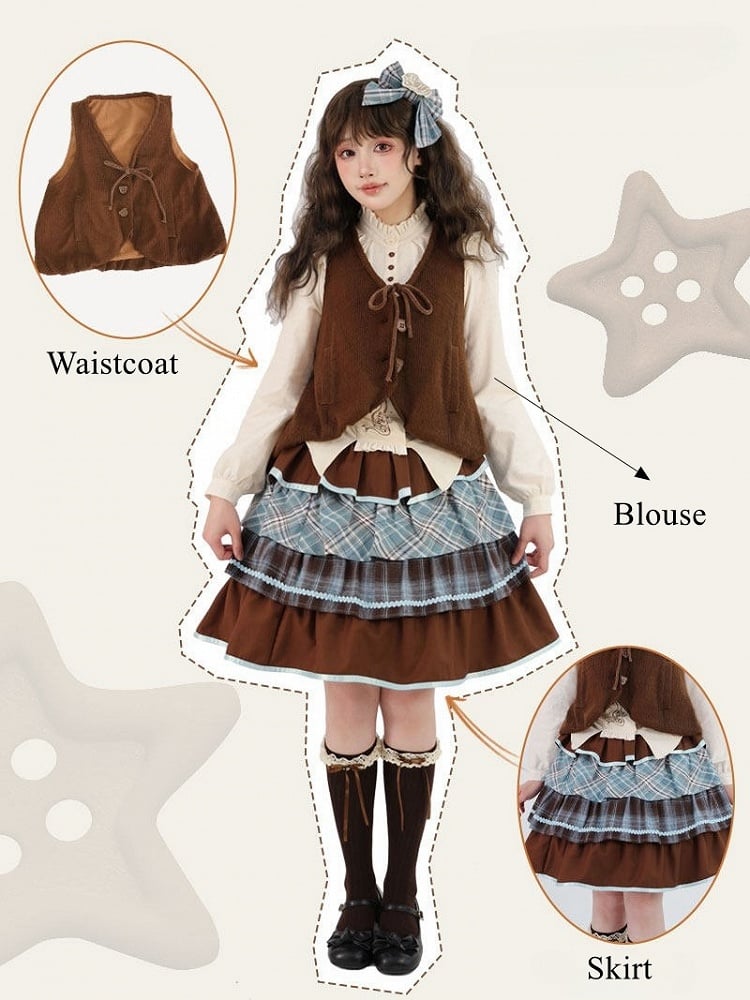 Set Blouse Blue Sweet Plaid Ruffles Tiered Lolita + Waistcoat Skirt Brown