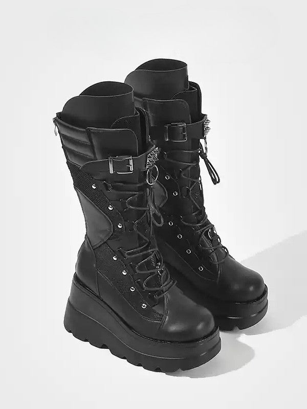 Studded with Boots Back Zip Gothic Mid-Calf Black Platform Buckle Strap Closure Sole -