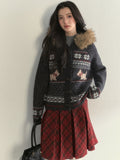 Collar Knit Sweater Button Vintage with Grey Fur Toggle