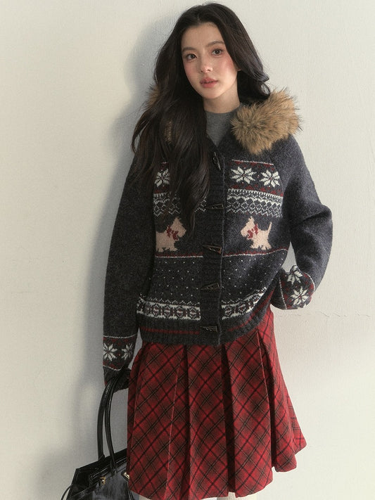 Collar Knit Sweater Button Vintage with Grey Fur Toggle