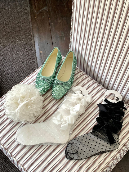 Details Polka-dot Pattern Calf Bowknot White/Black Socks