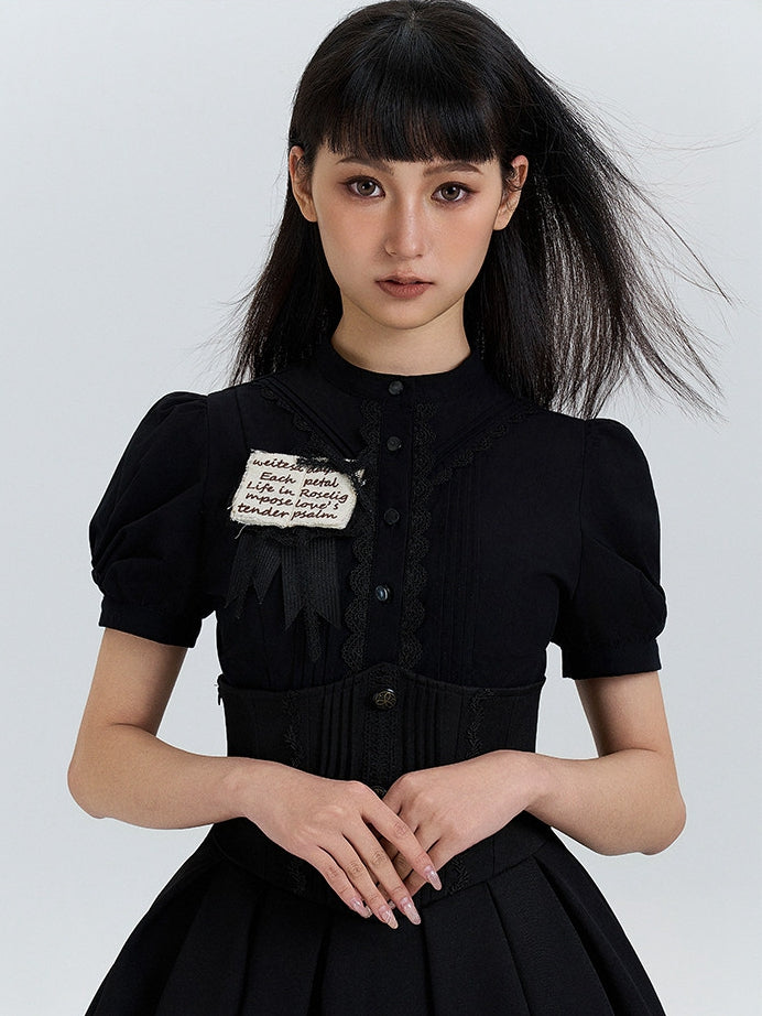 Sleeves Short Bodice Puff Lolita Black Blouse Pleated