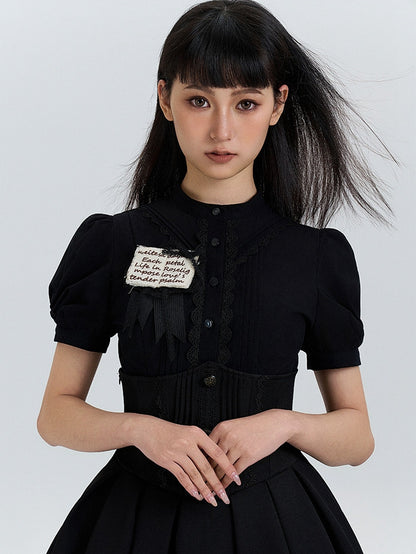 Sleeves Short Bodice Puff Lolita Black Blouse Pleated