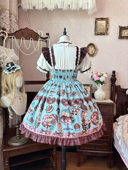 Lolita Dress Sleeves Vintage Teddy Bear Print Sweet  Flutter Mint Green JSK