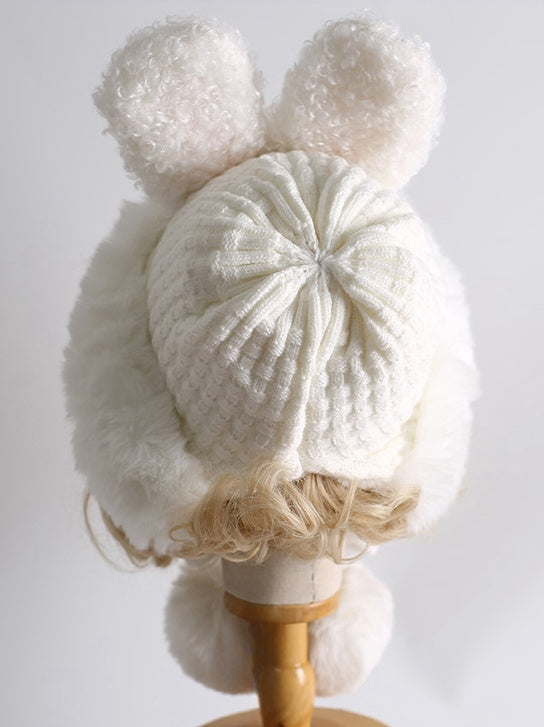 White Sweet Lolita Bunny Ears Plush Hat With Pompons