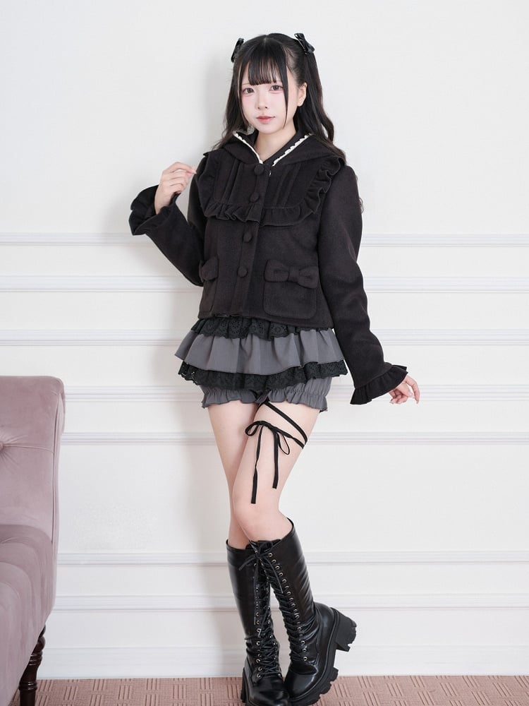 Black Jirai-Kei Wool-Blend Short Hooded Jacket, Ruffled Detail - No Genki