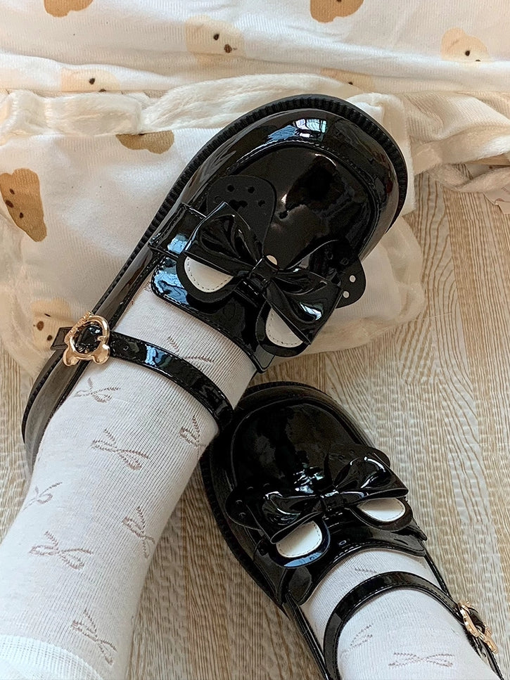 Bear PU Ear Detachable JK - Buckle with Academic Polished Style Shoes Low Bow Heel Black