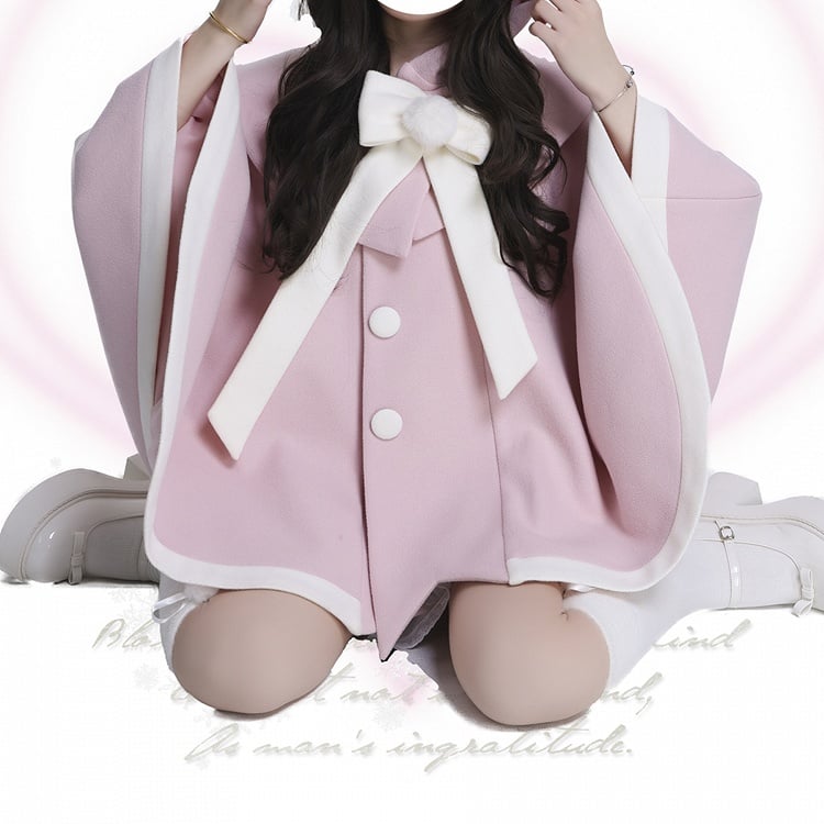 ピンク＆ホワイトの猫耳フード付きマント