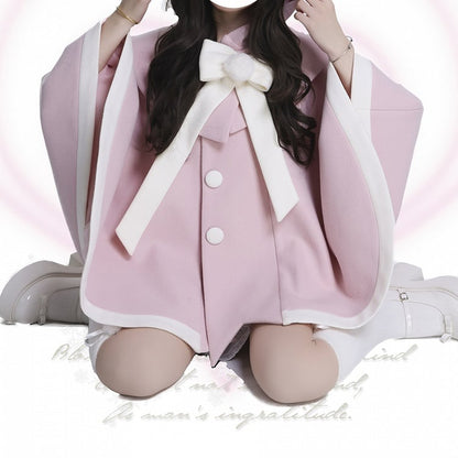 ピンク＆ホワイトの猫耳フード付きマント