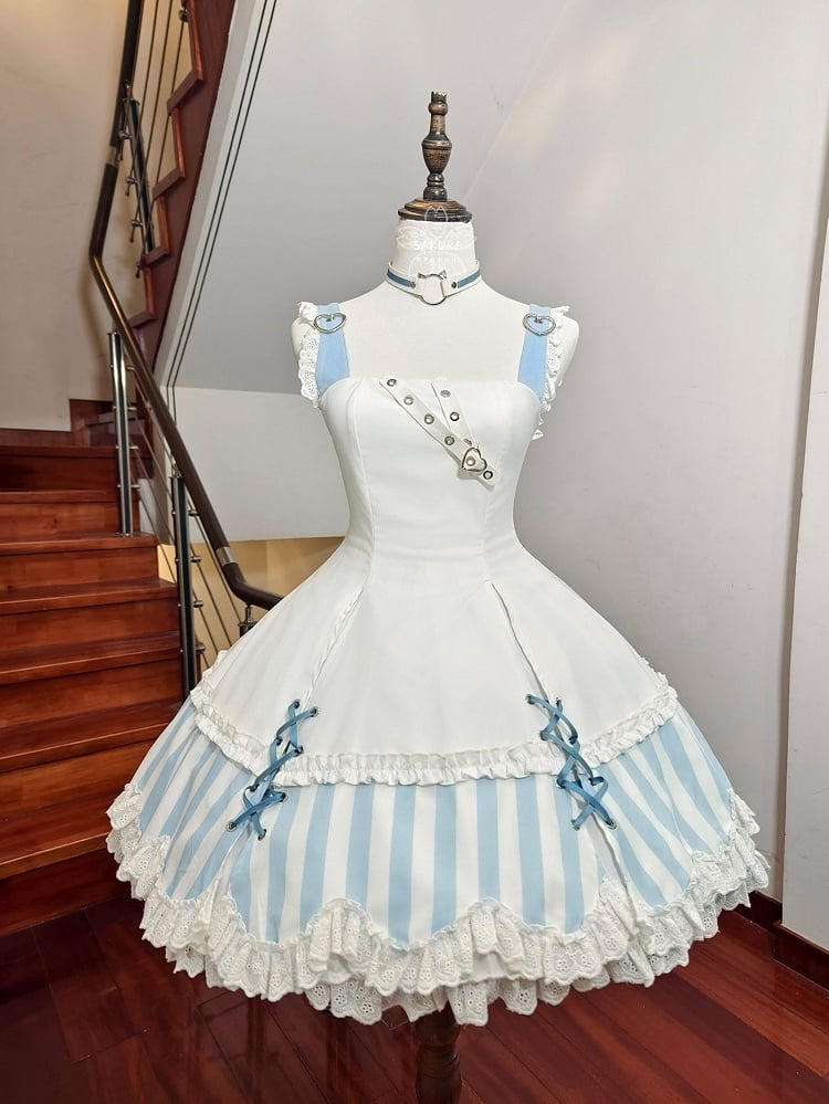Kitty Light Bow Kaiwai Set Blaues JSK-Kleid Kurz geschnittenes Tenshi Lolita Sailor Striped Big Top Muster Ohren + - Kragen