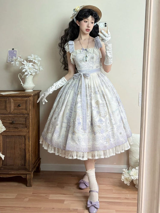 ロリータ フローラルバスケット クラシックジャンパープリントドレス 花とスカート パープル