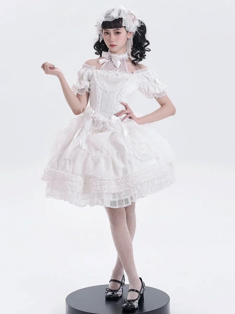 Embroidery Skirt White Elegant Drawstring Layered Details Lolita Ruffles Classic with