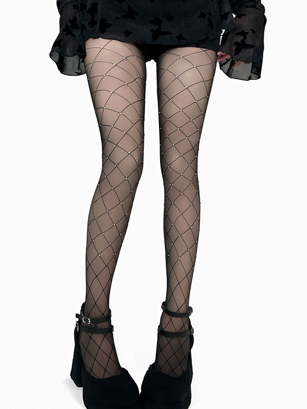 Decorated Black/White Fishnet Tights Rhinestone