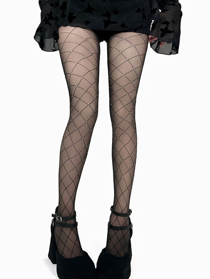 Decorated Black/White Fishnet Tights Rhinestone