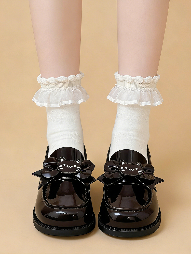 Heels School-style Shaped Heeled 4cm Brown in Bows PU Detachable Loafers Paw with Cat Kitten