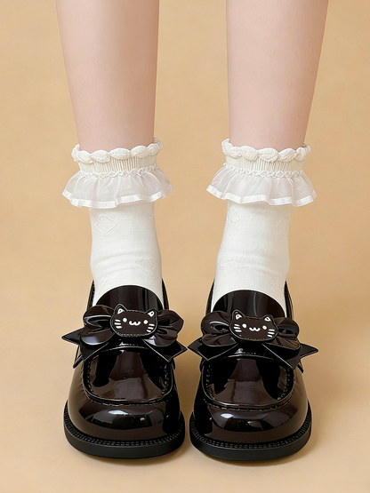 Heels School-style Shaped Heeled 4cm Brown in Bows PU Detachable Loafers Paw with Cat Kitten