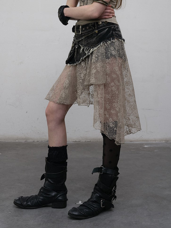 Punk Hem Lace with Denim Asymmetric Distressed Adjustable Back Belt Skirt