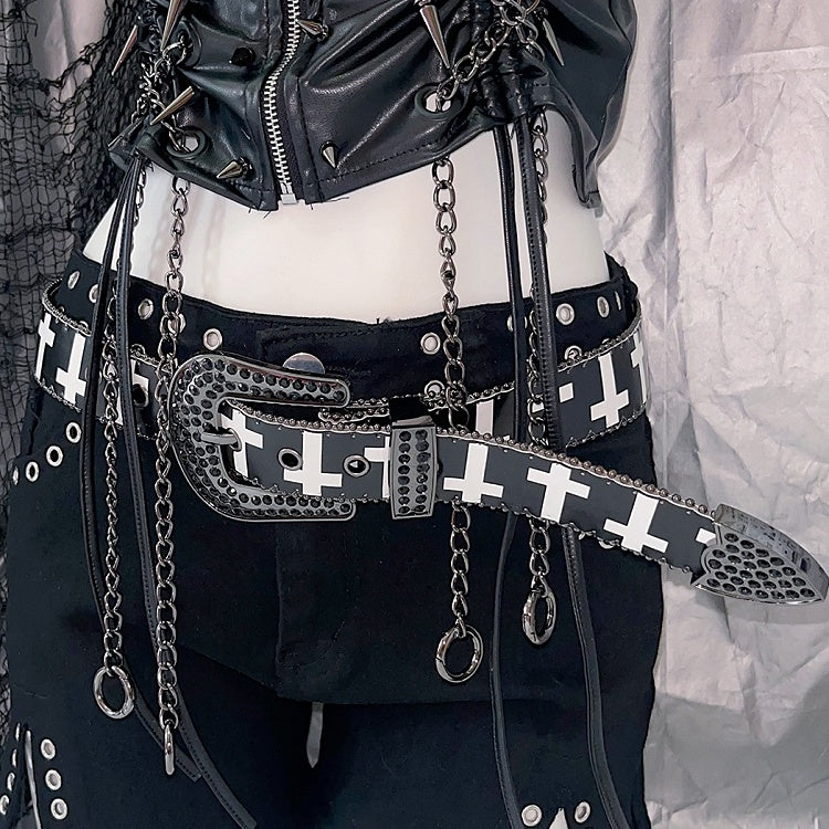 Rhinestone Decorated Beaded And Punk White/Black Print Cross