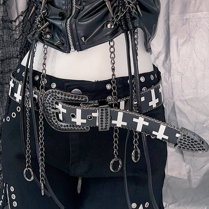 Rhinestone Decorated Beaded And Punk White/Black Print Cross