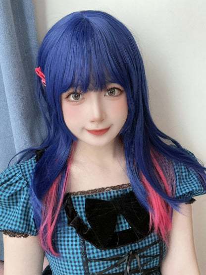 Und Länge Pony Rosa Highlight Mit Perücke 70CM Blau Gerade