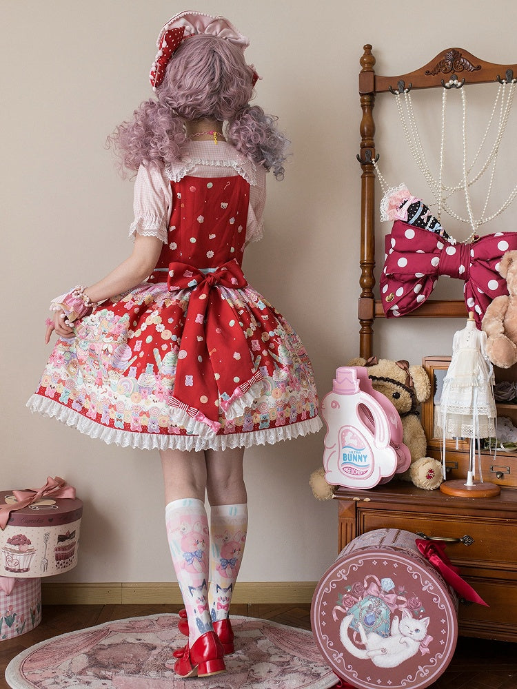 オーバーオールスイートデザートレッドグミプリントとクマのロリータドレス