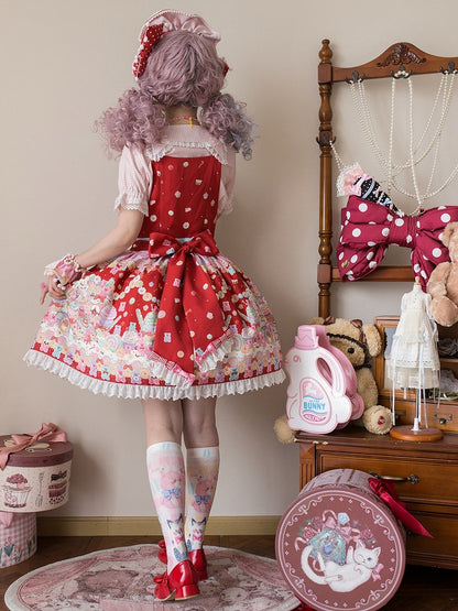 オーバーオールスイートデザートレッドグミプリントとクマのロリータドレス