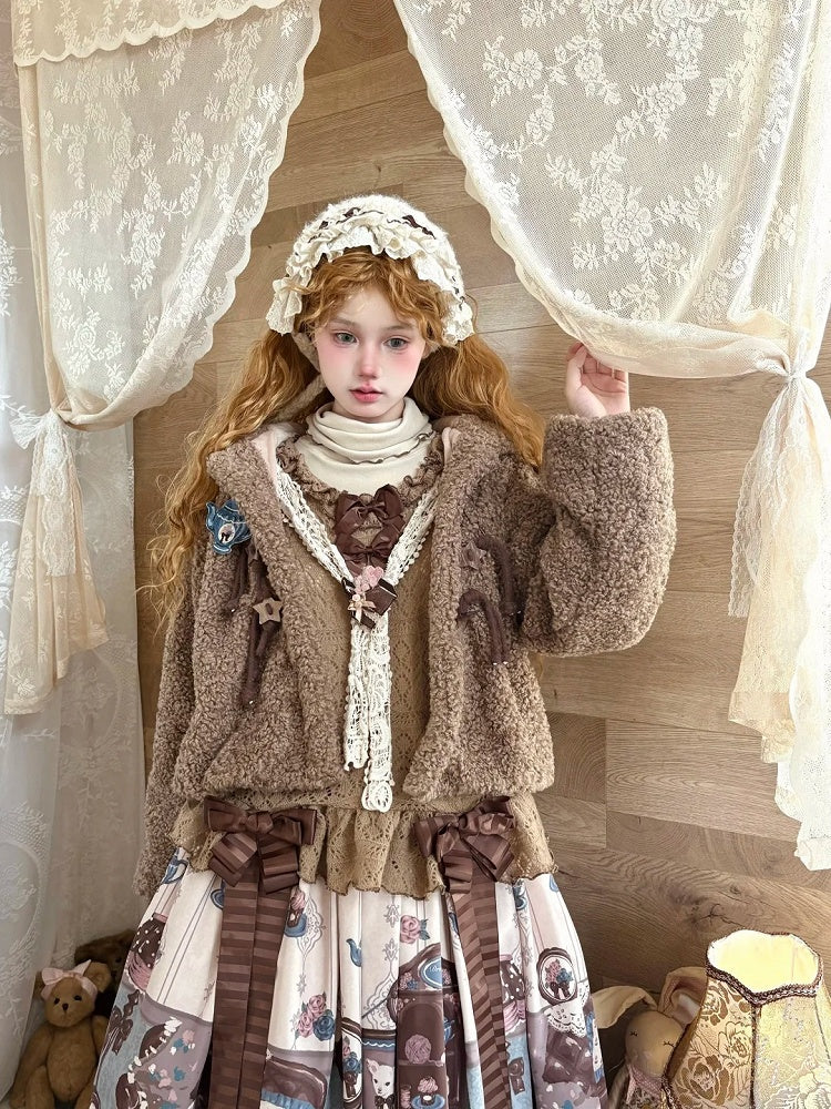 Brown Star-Accented Coat Toggles Sweet Plush with Drawstring Lolita