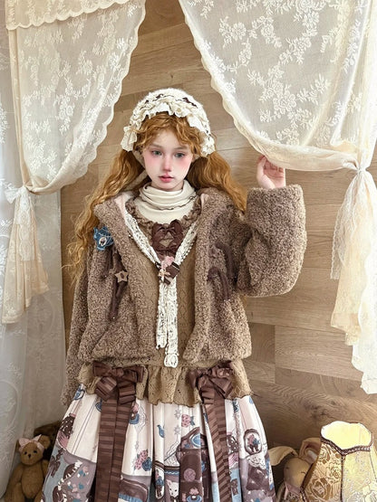 Brown Star-Accented Coat Toggles Sweet Plush with Drawstring Lolita