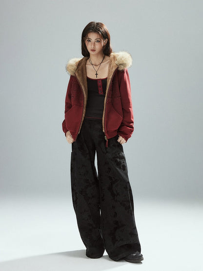 Patch Plush-lined - Red Letter Closure Jacket Zip Hood Vintage Details Wine