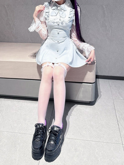 in White Blue/Black Top Light Jirai Juliet Kei Plaid Matching Set: Shorts and Sleeve