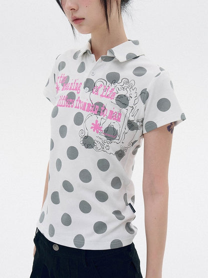 White Gray Polka Dot Polo Shirt with Letter Print - innomoood