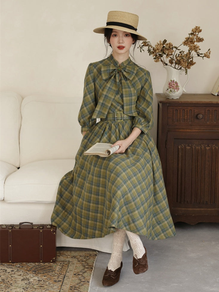 Grünes Karomuster Vintage Bowknot Schnalle Gürtel Kleid