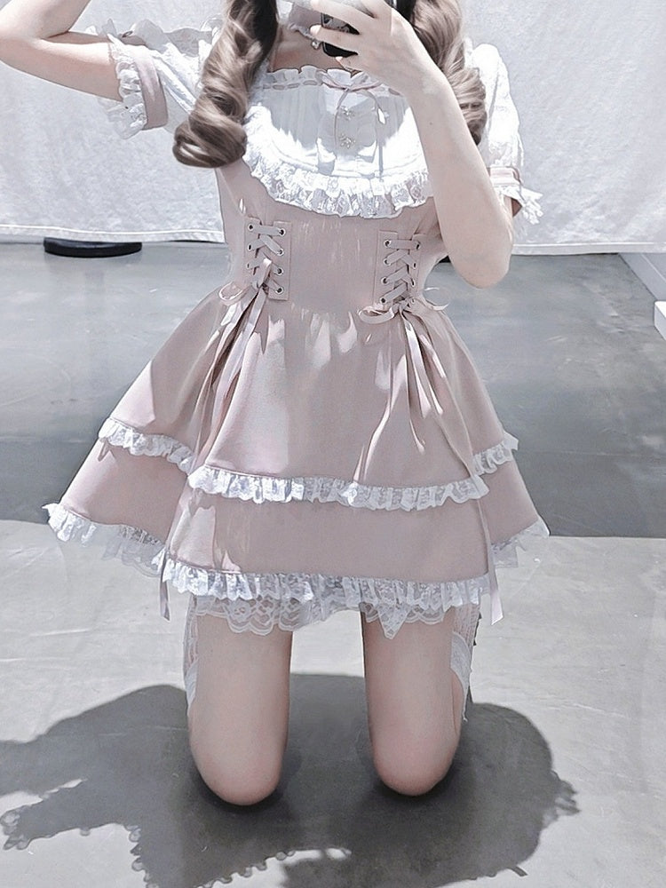 Ryousangata Choker Trim Design White With Sleeve Matching Dress - Bead Fashion Two-Piece Short + Chain Set Shorts Lace Pink