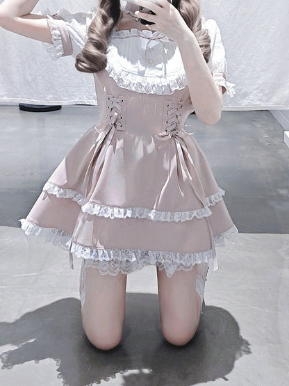 Ryousangata Choker Trim Design White With Sleeve Matching Dress - Bead Fashion Two-Piece Short + Chain Set Shorts Lace Pink
