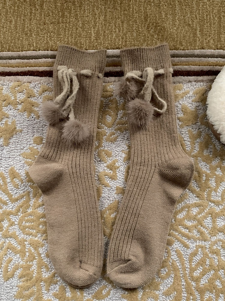 Khaki/Red/White/Grey/Green Cute Calf Socks With Pompons