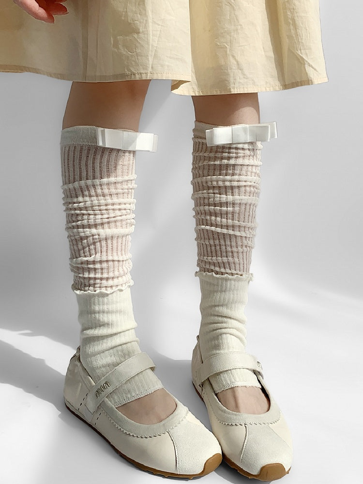 Details Sleeves Leg White/Gray Bowknot Ribbed Trim