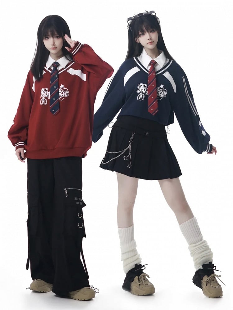 with Collegiate Version Faux Wine Long/Short Blue Star Sweatshirt Red/Navy Two-Piece Print in