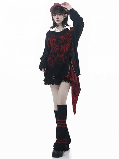 Warmers Black Leg Striped Y2K Knitted Red