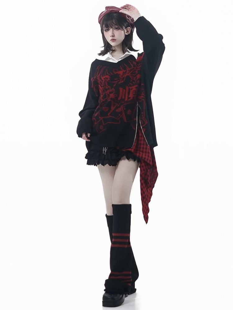 Tiered Handkerchief Y2K and Hem Black Skort with Star Red Plaid Chain
