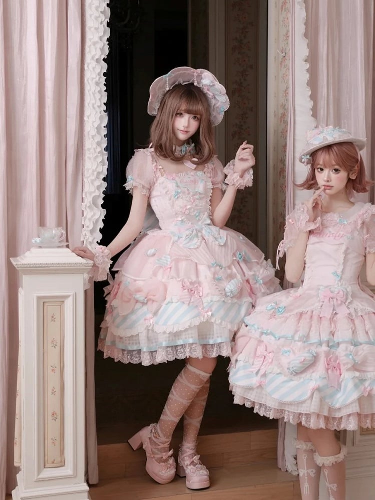 Pink & Blue Sheer Sleeves Tiered Sweet Lolita OP Dress with Bow and Candy Accents - Meng Fu Zi